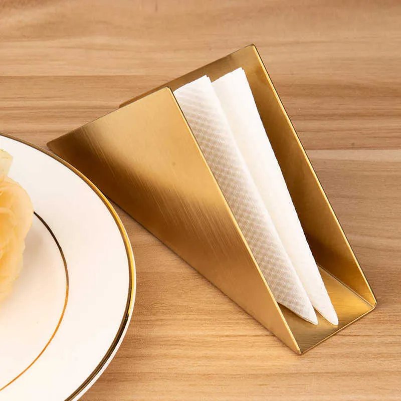 Golden Seat Rvs Triangle Servet Houder Restaurant El Countertop Table Decor Blad Papier Stand Tissue Boxes Case 210607