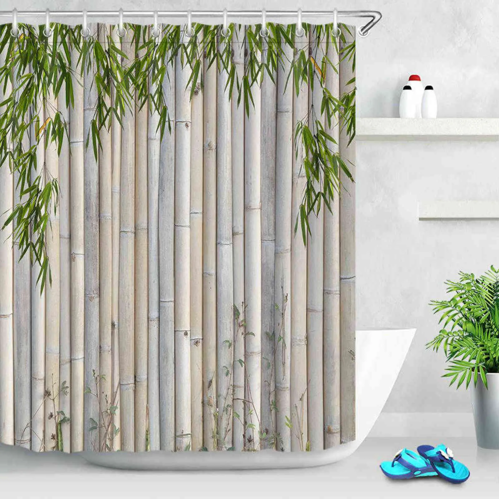 Green Bamboo Shower Curtains Black Stone White Candle Zen Garden Scenery Home Wall Decor Bathroom Fabric Bath Curtain With Hooks 211116