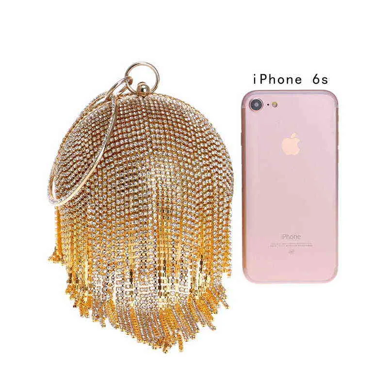 NXY Evening Bags Sliver Diamonds Rhinestone Round Ball för kvinnor 2022 Fashion Mini Tassels Clutch Bag Dam Ring Handväska Kopplingar 220210