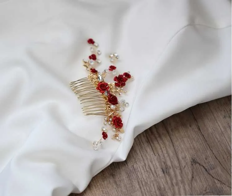 Jonnafe Red Rose Blumenkopf für Frauen für Frauen prom Brauthaarkammzubehör handgefertigtes Hochzeit Schmuck 211019346t