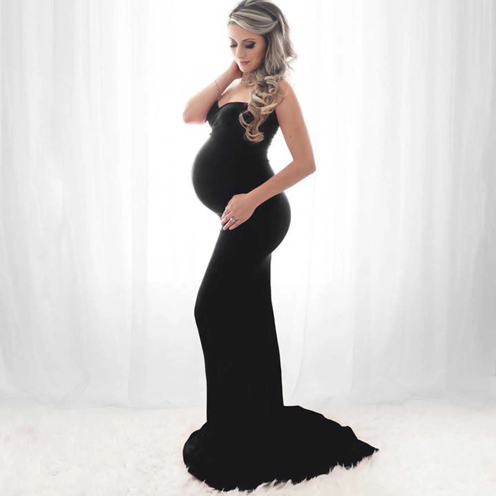 Strapless Elegant Lång Maxi Graviditet Foto Skytte Klänning Sexig V-Neck Maternity Kläder för gravida Kvinnor Fotografi Props X0902