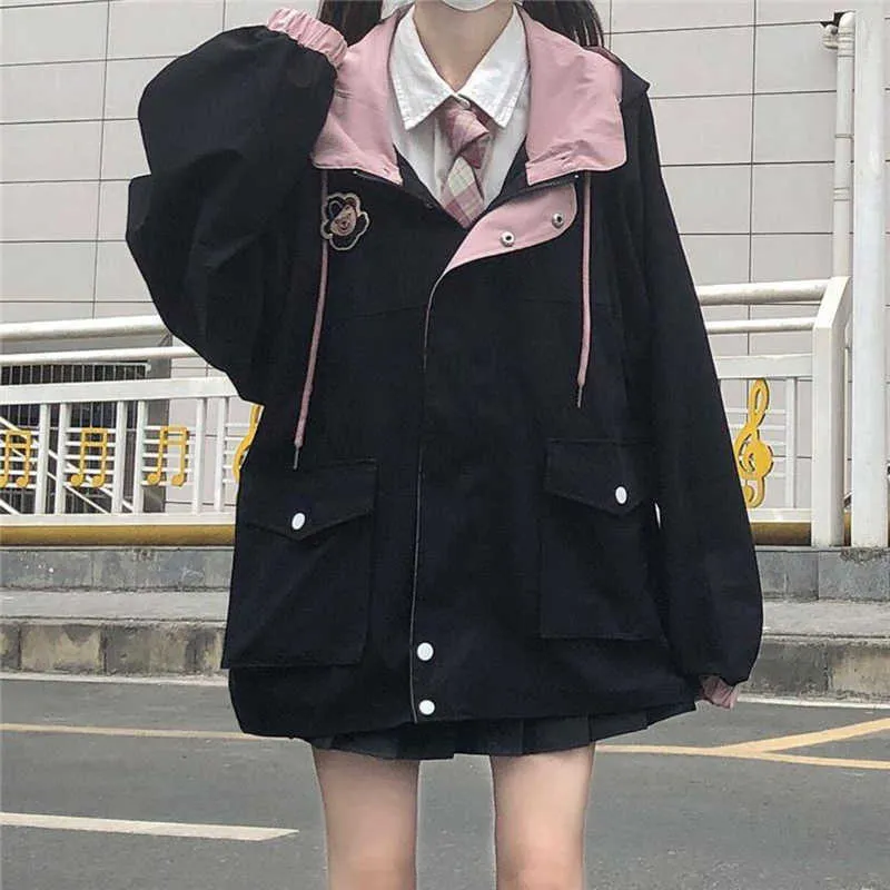 Japanese kawaii Zipper pink woman jacket Korean color matching winter clothes Loose cute female tops coat manteau femme 210818