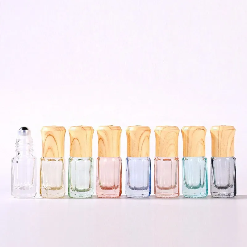 100st 3ml 6ml Färgglada glasrullflaskor med rostfritt stål rullbollar Träkorns lock Parfymrulle på flaskor Lip Balms