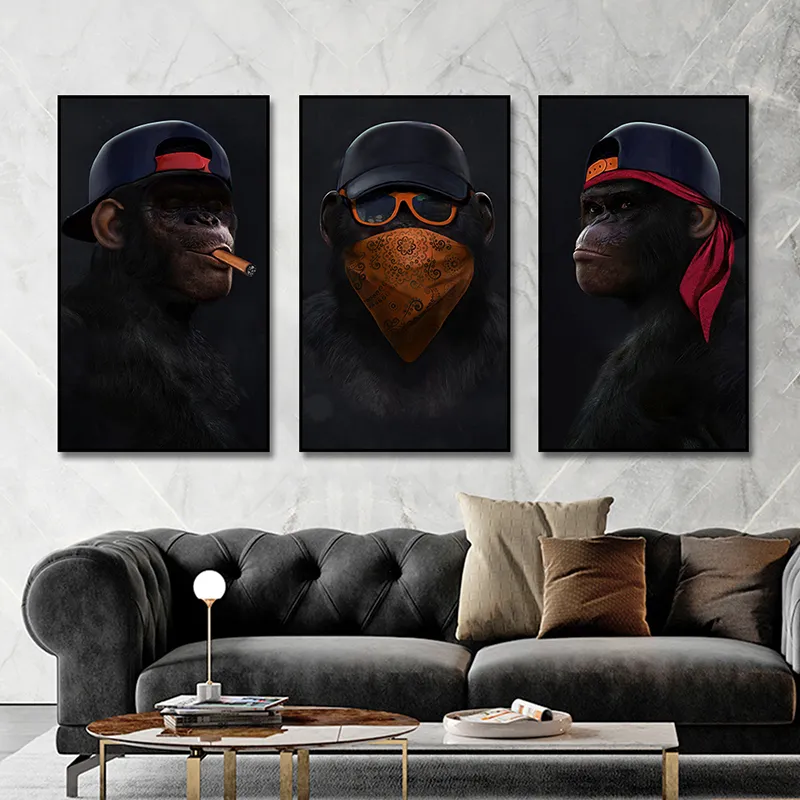 Poster tuval baskılar 3 maymun bilge serin goril duvar boyama duvar sanatı oturma odası hayvan resimleri modern ev dekorasyonları