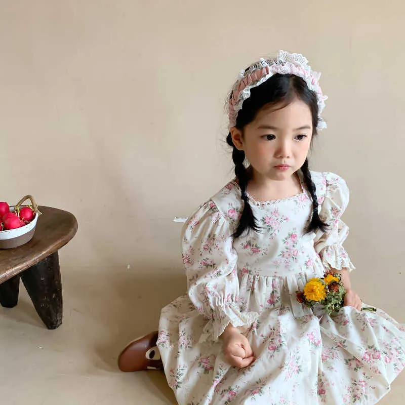 HAYANA 2021 otoño nueva ropa para niñas coreano Floral manga larga cuello redondo vestido de baile Q0716