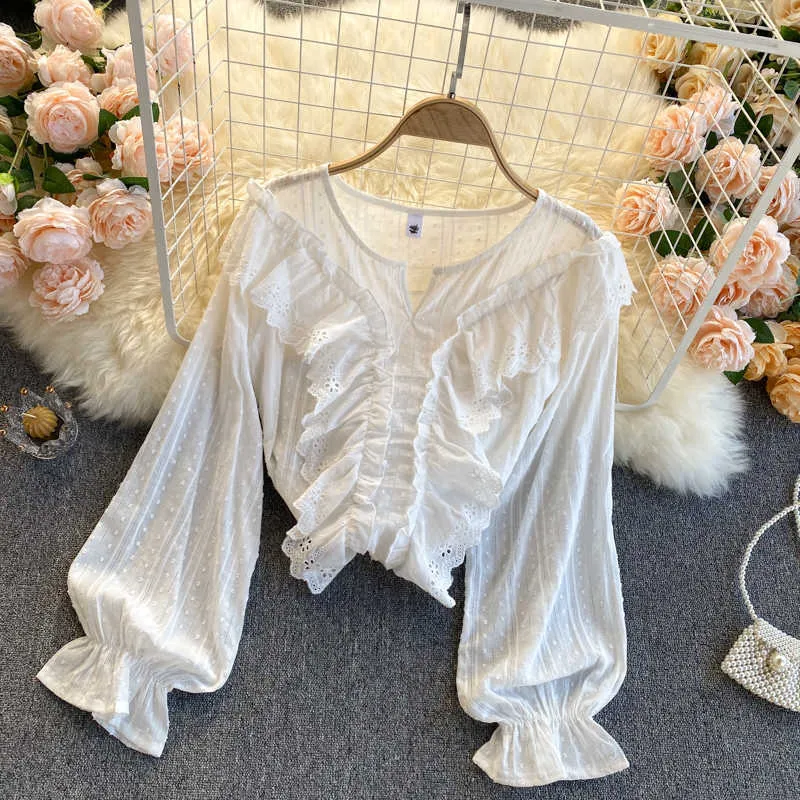Primavera Moda Donna Polka-dot Increspato Manica lunga Slim Camicia bianca Top Lady Elegante Blusas Mujer De Moda Camicetta R352 210527
