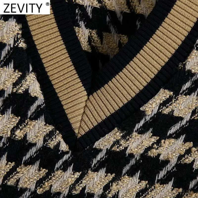 Zevity Women Vintage V Neck Houndstooth Plaid Knitting Vest Sweater Female Sleeveless Casual Chic Pullovers Waistcoat Tops SW695 210603