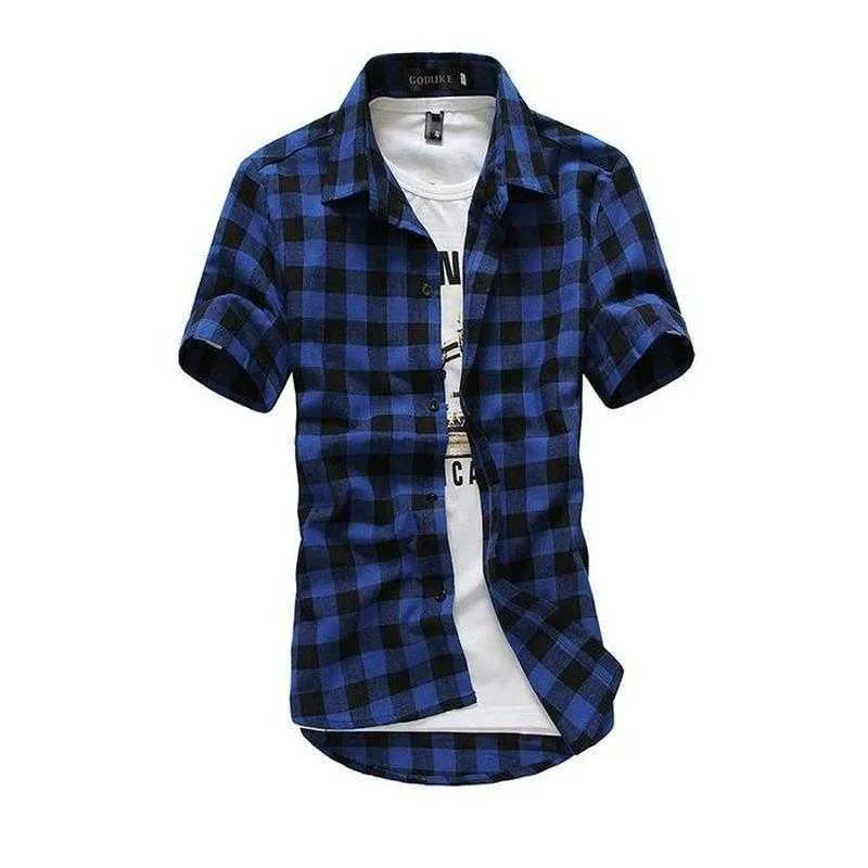 Mens Check Shirt Flanel Geborsteld Katoen Korte Mouwen Casual Slim Fit Top Plus Size 210626