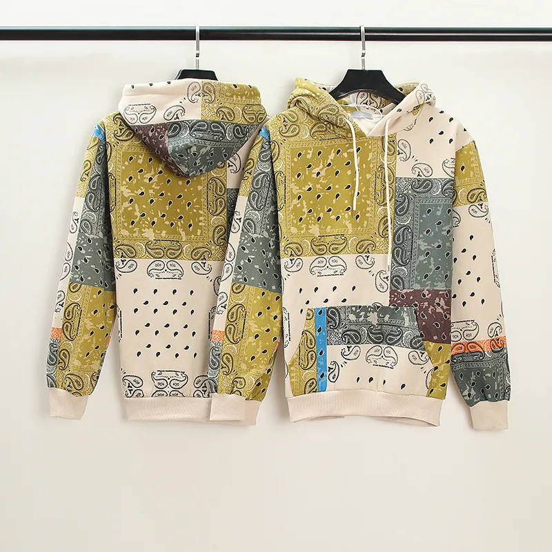 Sudaderas con capucha estampadas para hombre Harajuku Flor de anacardo Étnico Patchwork Streetwear Vibe Oversize Fleece Pareja Sudadera