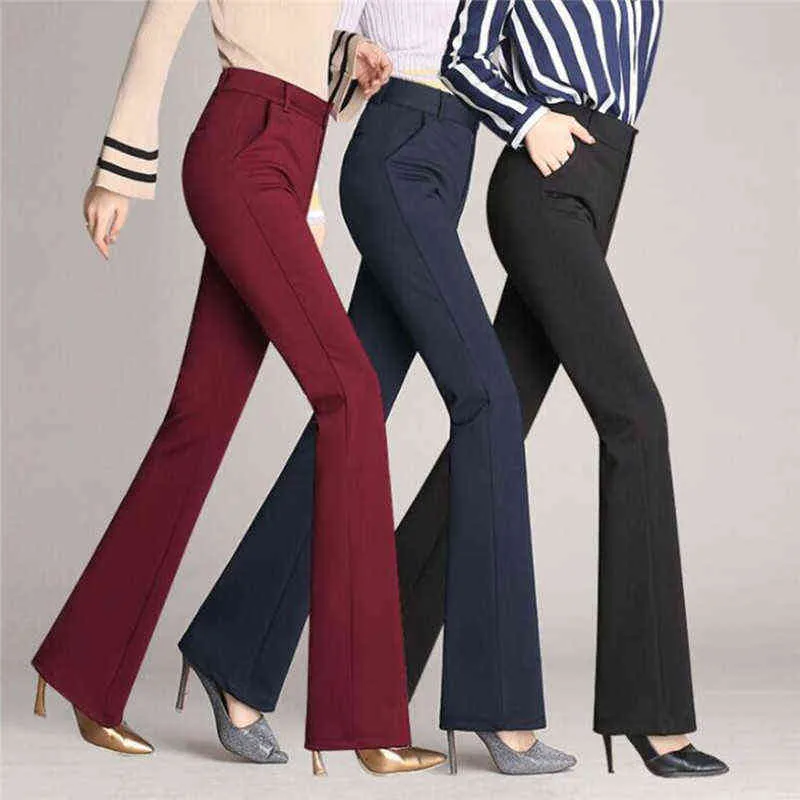 Élastique formel Long Stretch pantalon femmes bureau dame taille haute Flare pantalon solide dames automne bas amples 211115