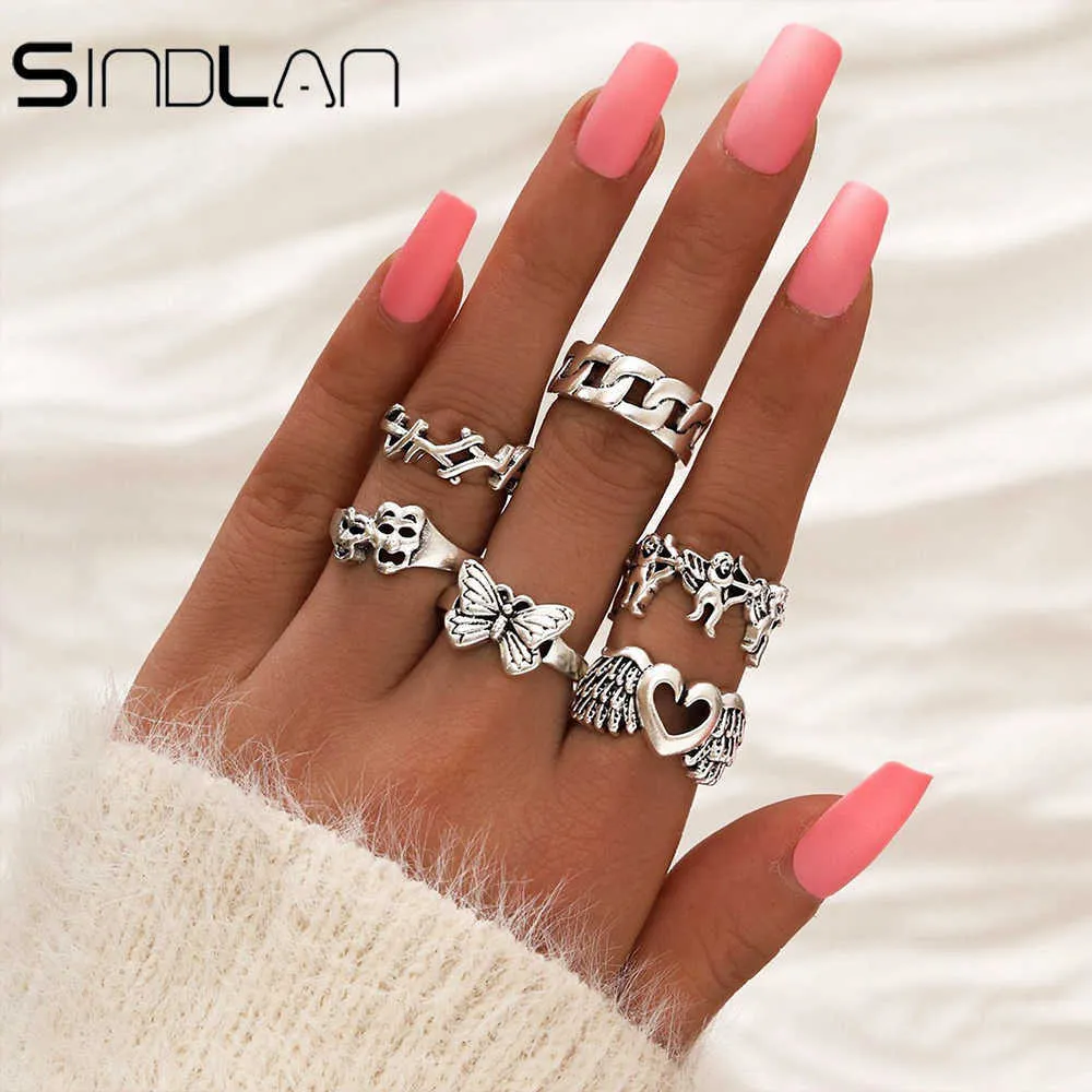 Sindlan 6 stks Gothic Zilver Kleur Grimas Vinger Ring Set voor Vrouwen Charm Punk Hart Vleugel Vlinder Vrouwelijke Emo Sieraden Anillos Q0707477557