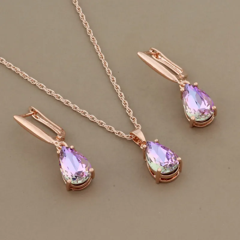 2021 Trend Water Drop Pendants Necklaces Sets 585 Rose Gold Earrings For Women Fashion Wedding Jewelry Set