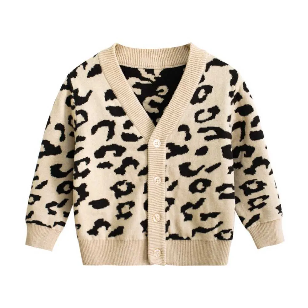 Autumn Winter Kids Cardigan Sweater Cartoon Leopard Print Sweater V-Neck Long Sleeve Button down Knitted Cardigan Jacket 1-8Y Y1024