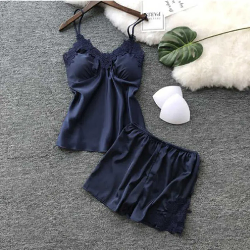 Sexy Lingerie Women Lace Pajamas Summer Silk Satin Chest Pad Embroidery Pajamas Mujer Ladies Sleepwear Shorts Sleeveless V-neck Q0706