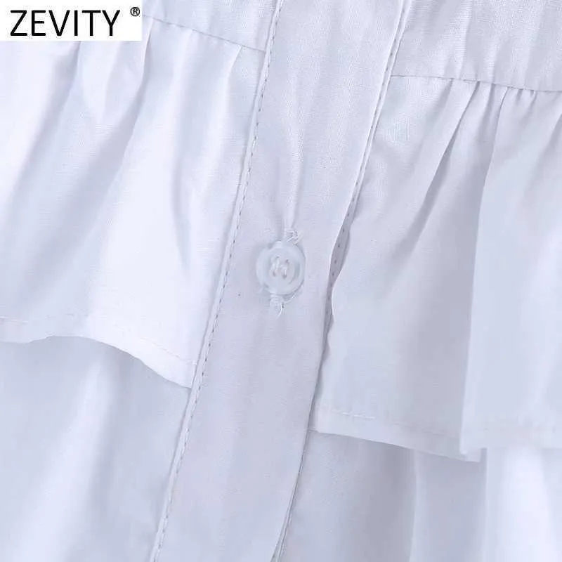 Zevity Women Fashion Cascading Ruffle Vit Smock Blus Kontor Lady Breasted Poplin Chic T Shirts Business Femininas Tops LS9006 210603