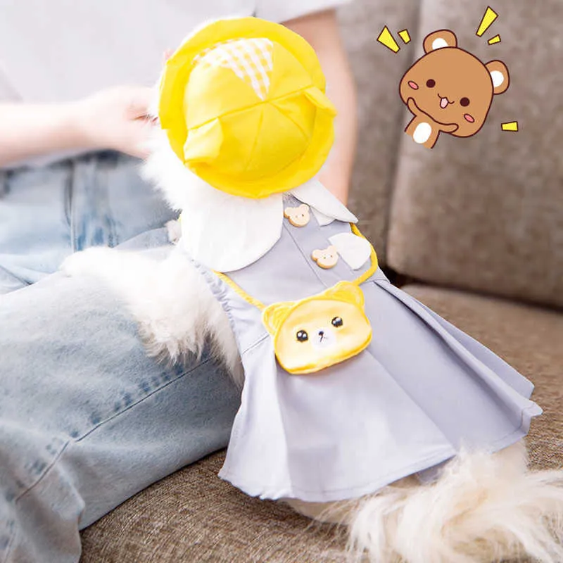 Hund Katze Prinzessin Frühling Sommer dünn atmungsaktiv niedlich ärmelloses Minikleid Haustier Kleidung mit Bär Tasche Welpen Teddy Weste Rock