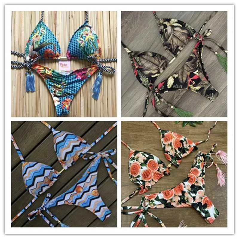 String bikini lämna Skriv ut Brasilianska Badkläder Kvinnor Sexig Halter Micro Baddräkt Thong Badkläder Mini Biquini 210722