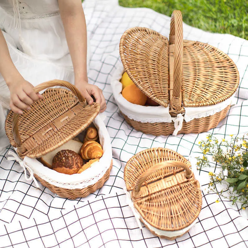 Rieten handgemaakte geweven rotan mand met handvat en dubbele deksels camping picknick voedsel opslagcontainer voor 210609