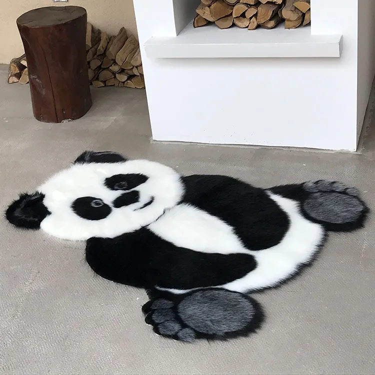 Panda Impresso Tapete Adorável Criança Carpete Cowhide Faux Couro Pele NonsLip Antislip Esteira 94x100cm Animal Imprimir Tapete 210301