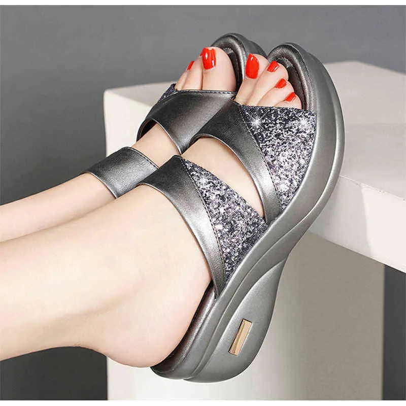 Women Sequined Cloth Slippers Bling Wedges Platform Summer Beach Casual Slides Woman Shoes Plus Size Ladies Footwear 2021 W220218