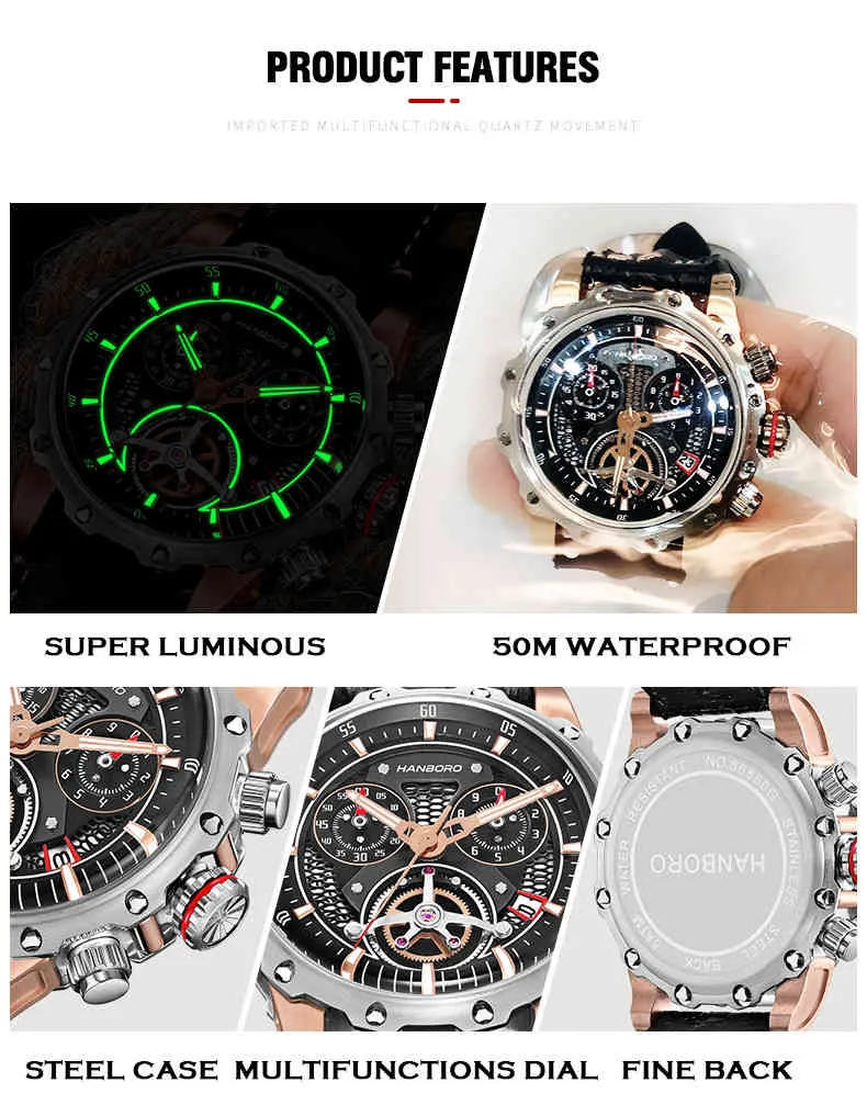 HANBORO hommes chronographe montre Sport montres étanche lumineux marque de mode Quartz homme montre bracelet en cuir Relogio Masculino