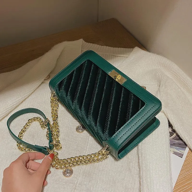 Evening Bags Stripe Luxury Velvet Shoulder For Women Female Long Chain Metal Hasp Handbag Trendy Square Royal Blue Crossbody Bag S236P