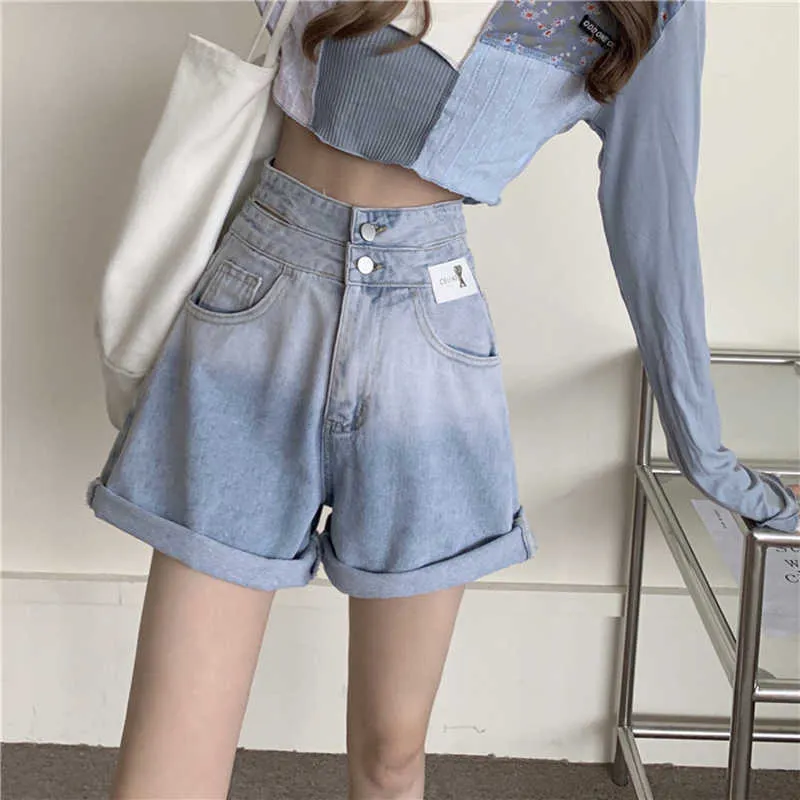 SURMIITRO Été Mode Bleu Noir Dégradé Denim Shorts Femmes Style Coréen Taille Haute Jeans Femme Pantalon Court 210712
