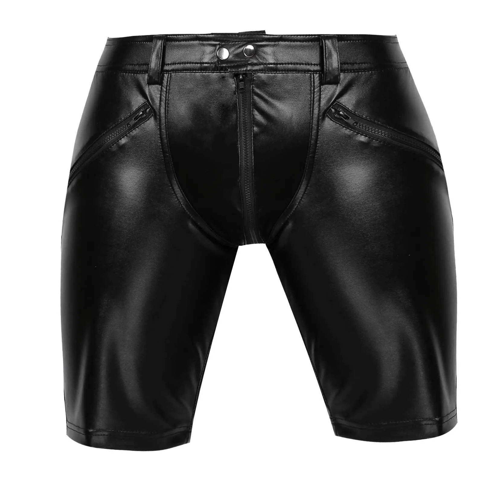 Hommes Sexy En Cuir Moyen Pantalon Rave Fermeture À Glissière Complète Moto Punk Jockstrap Bulge Pouch Mode Shorts Clubwear Costumes C0222