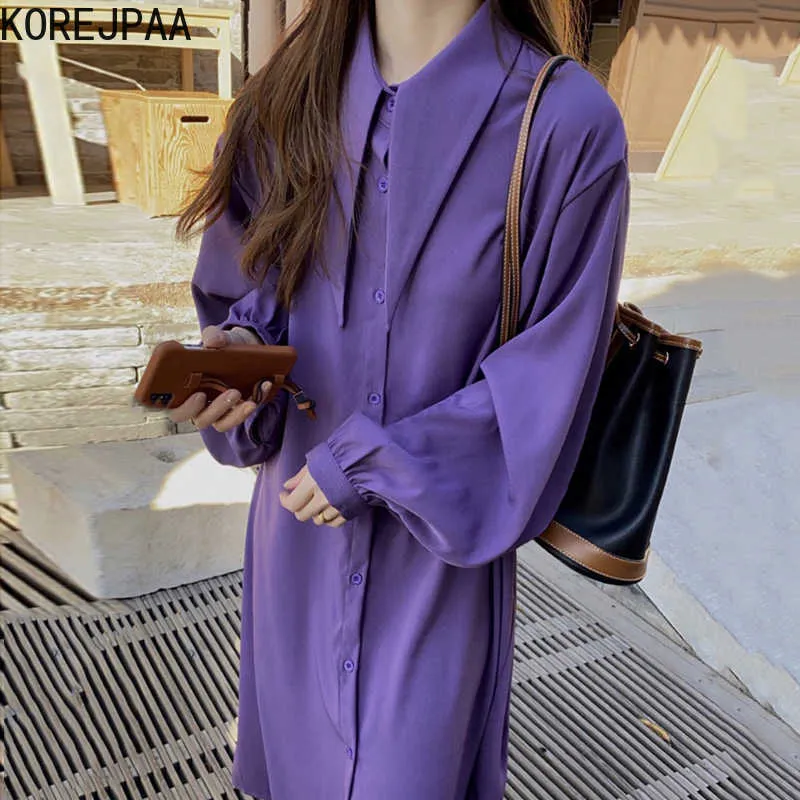 Korejpaa kobiety sukienka koreańska moda elegancka fiołkowa szpiczasta szyja pojedyncza breasted casual luźne latarni rękawy sukienki 210526