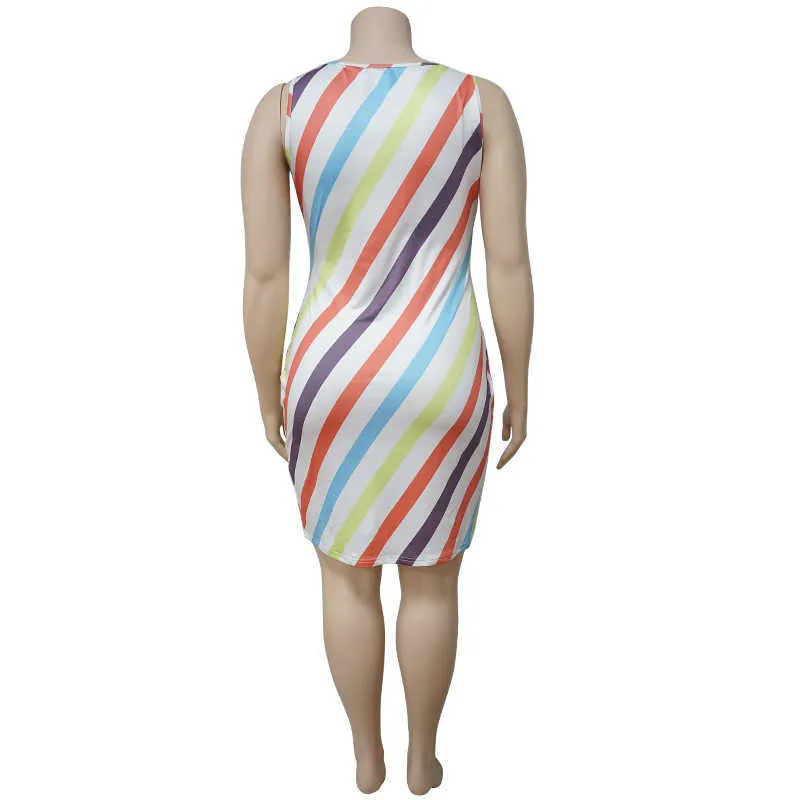 XXXXL Plus Size Damen Freizeitkleidung Buntes Streifenmuster V-Ausschnitt Kleid Paket Hüftrock Elegantes sexy knielanges Kleid 210604