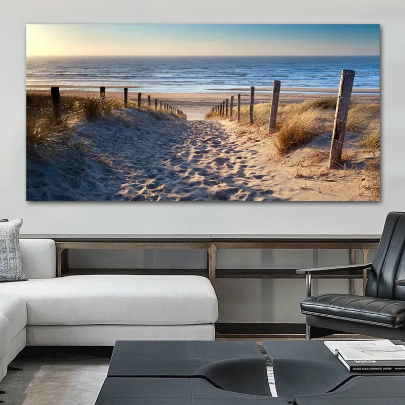 Pintura en lienzo de paisaje de playa, decoraciones interiores, puente de madera, imágenes artísticas de pared para sala de estar, decoración del hogar, impresiones de atardecer marino