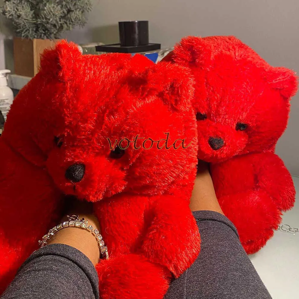 Teddy Bear Slippers Women Cute Cartoon Slides Furry Warm Soft Shoes Home Non-slip Cotton Flip Flops Rainbow Teddies Bear Slipper Y0406