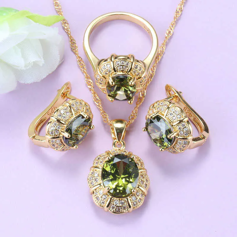 Brazilian Gold Color Jewelry Set For Women Wedding-Party Fashion Costume Olive Green Zircon Necklace And Clip Earrings Sets Gift H1022