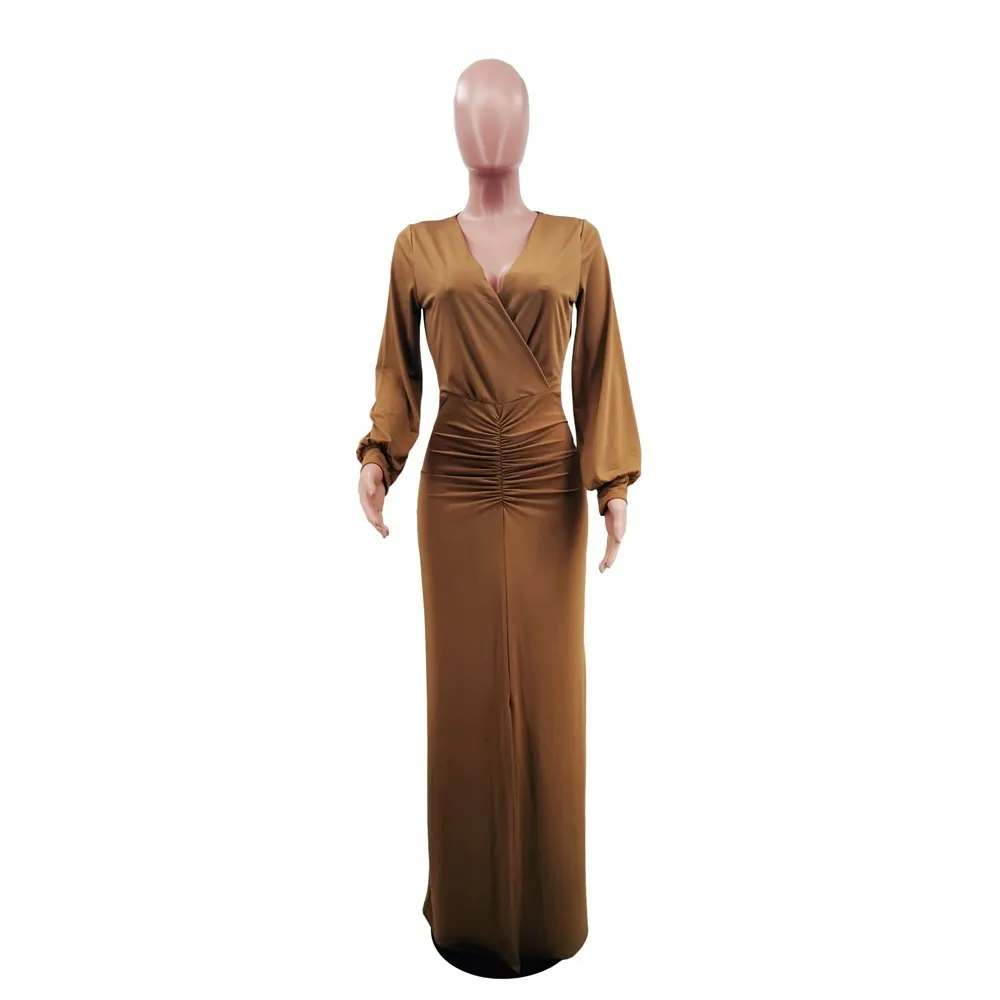 Couleur unie col en V profond à manches longues mode élégante Slim femmes robes printemps été soirée robes de mariée en gros 210525