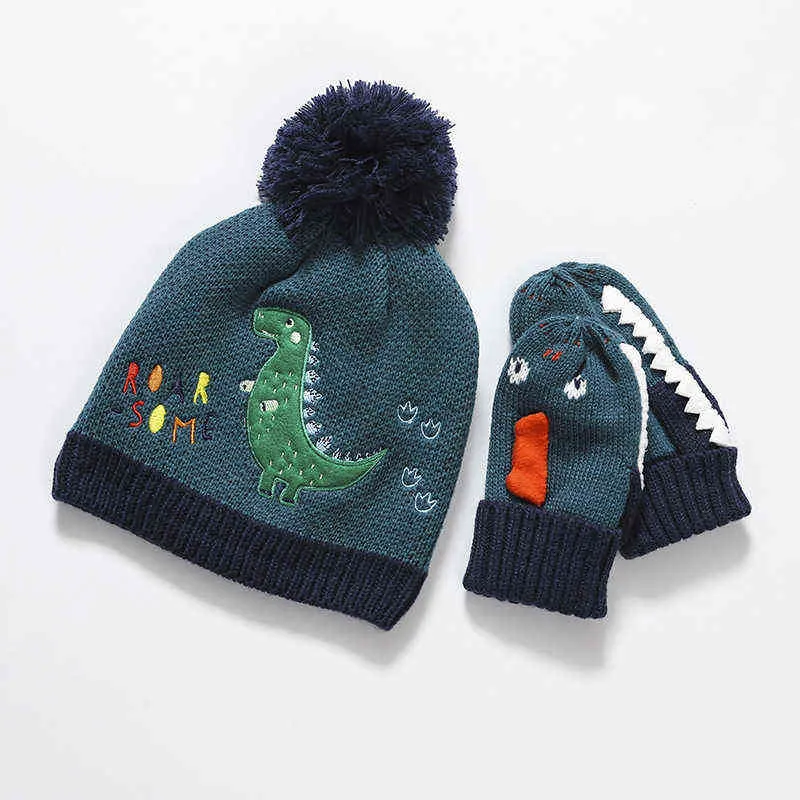 Vinterflicka Boy Hat Dinosaur Unicorn Cartoon Baby Stickade hattar Håll varma Cartoon Kids Gloves Wool Hat Sets 3 4 5 6 7 8 ÅR Y21111