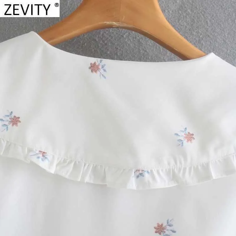 Zevity Women甘いアガリックレースピーターパンカラー花柄プリントホワイトスモックブラウスオフィスレディースシャツシックブロストップスLS9031 210603