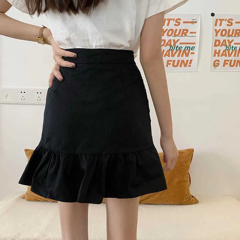 Summer Mini Pure Color Fold Skirts Slim Women High-Waisted Harajuku Skirt Korean Style Vintage Short Flounced Skirts 210619