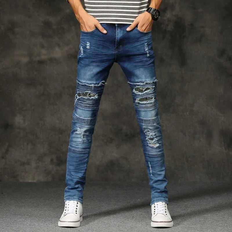 Jeans pour hommes déchirés détruits Biker Jeans Hip Hop Pantalon en denim extensible Slim Fit Patchs masculins Trou Mâle High Street Pantalon 210622