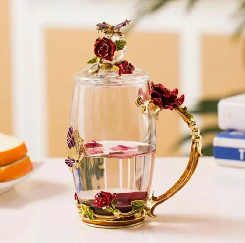Эмалированные стеклянные чашки и кружки с красной розой, термостойкая чашка для пары воды, домашняя посуда для напитков, подарок для влюбленных, свадебная кофейная кружка221w
