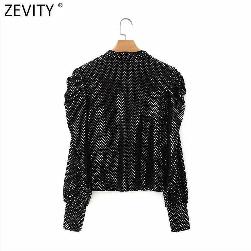 Zevity Femmes Mode Col Montant Paillettes Casual Velours Smock Blouse Dame Plissée Manches Bouffantes Blusas Femme Chemises Tops LS7571 210603