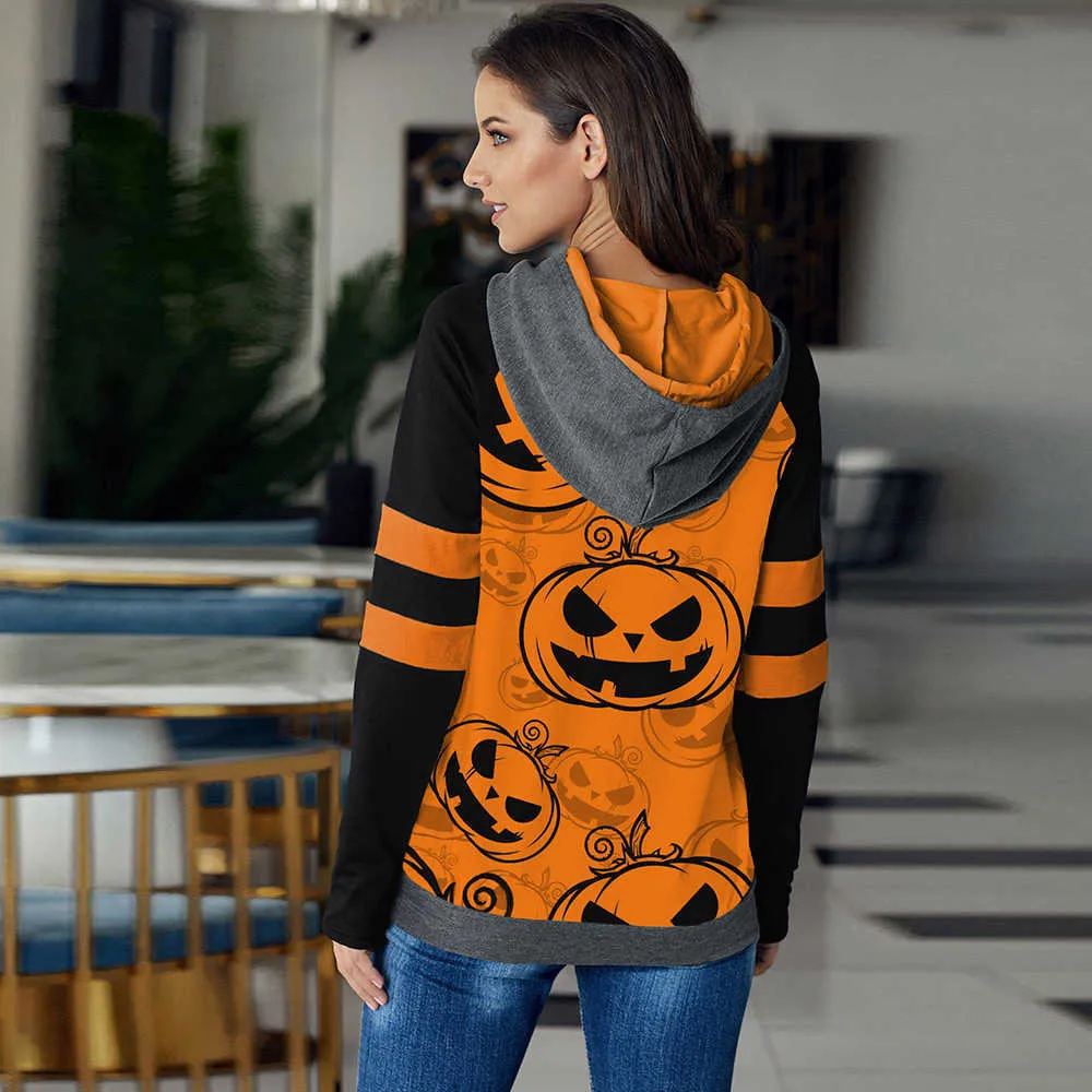 Halloween Hoodies Kvinnor Ytterkläder Höst Vinter Långärmad Pumpa Tryck Färg Kontrast Patchwork Hood Sweatshirt 210526