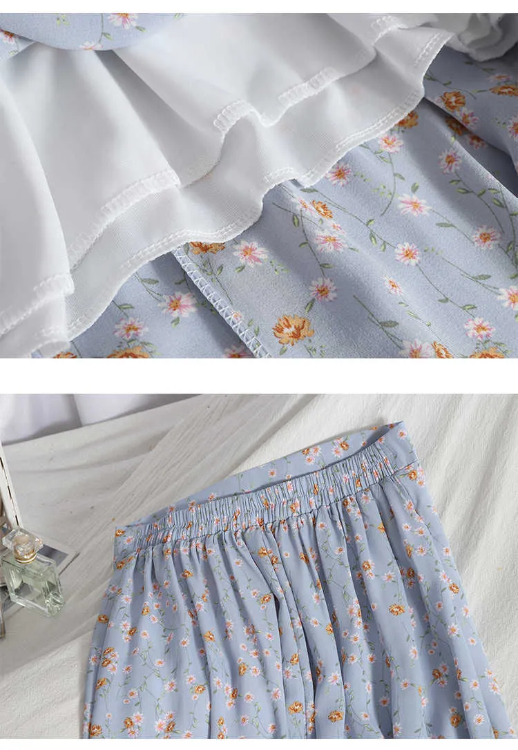 Vintage Floral Print Chiffon Long Skirts for Women Elastic High Waist Summer Blue Green White Black Boho Skirt 210529