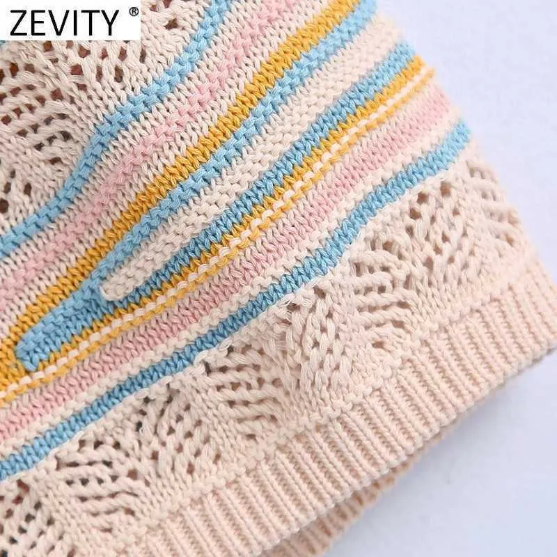 Zevity Women Sweet Patchwork Hollow Crochet Short Stickning Sweater Dames Ruffles Ärmlös Slim Vest Crop Pullovers Tops SW835 210603