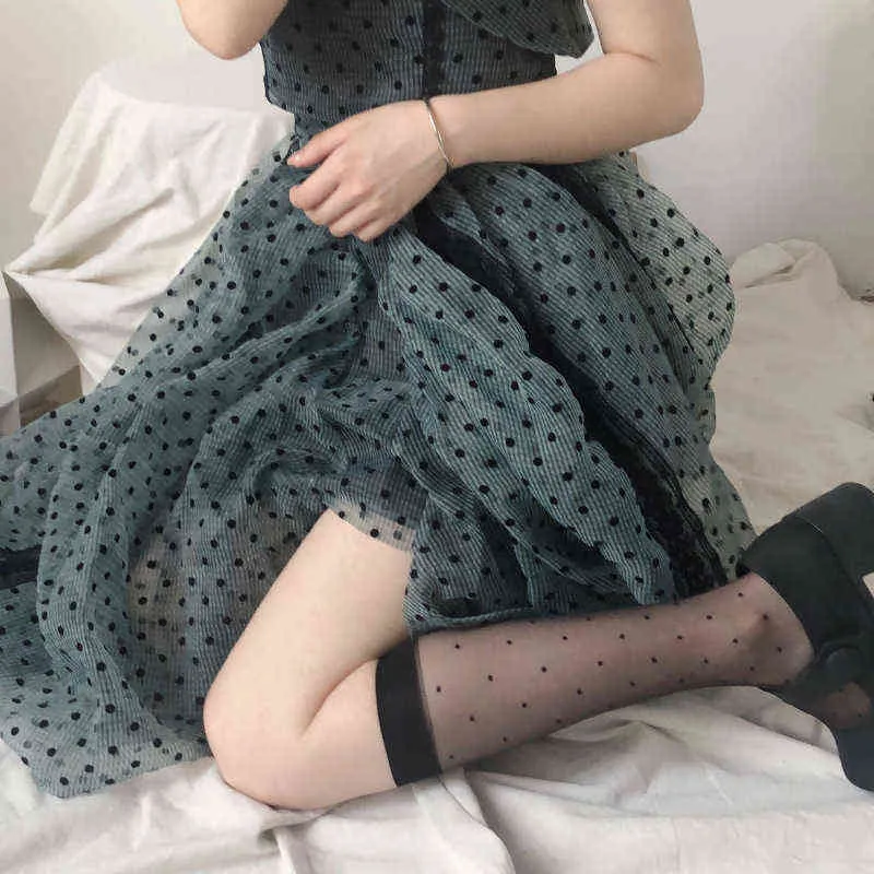 Mulheres Sexy Polka Dot Imprimir Meias Knee Alta Meias Soft Nylon Elastic Fishnet Meninas Lolita Bonito Moda Longa Perna Peúgas Preto Y1119