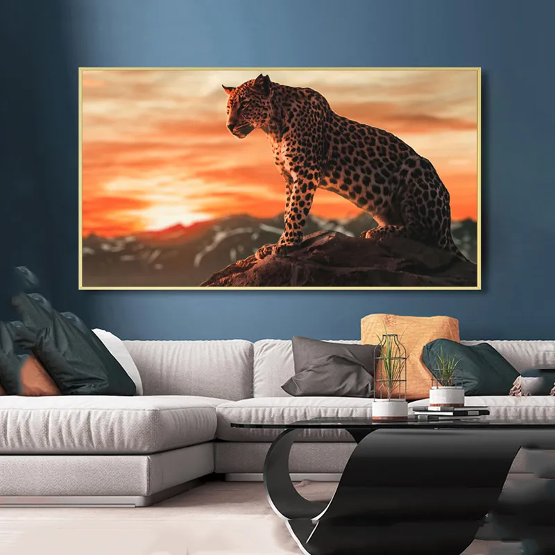 Leopardo Pittura su tela Stampe animali Immagini di arte della parete soggiorno Decorazioni la casa Tramonto Decorazioni interni Poster paesaggistici