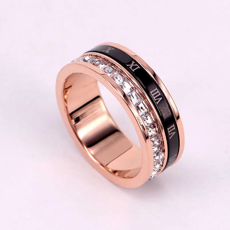 7mm roterande svarta romerska siffror och cirkelkristallring bröllop brud förlovningsring gåva kvinnor smycken ring grossist R725 x0715