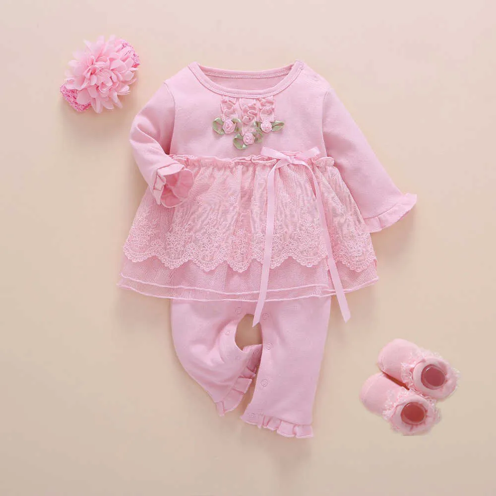 Born Baby Girl Roupa Outono Algodão Renda Macacão Estilo Princesa 0-3 Meses Macacão Infantil Com Meias Tiara Ropa Bebe 210826