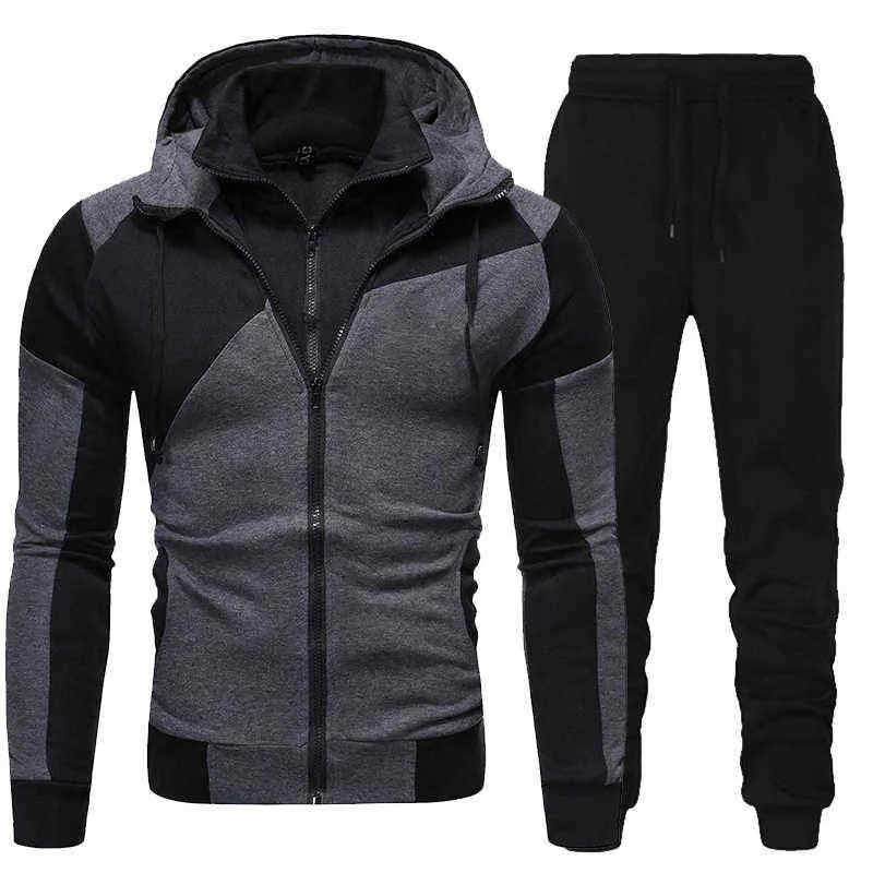 Män Tracksuit Double Zipper Två bitar Set Mens Sportkläder Man Jacka Hoodie och Byxor Sweatsit Hoodies + Pants 211103