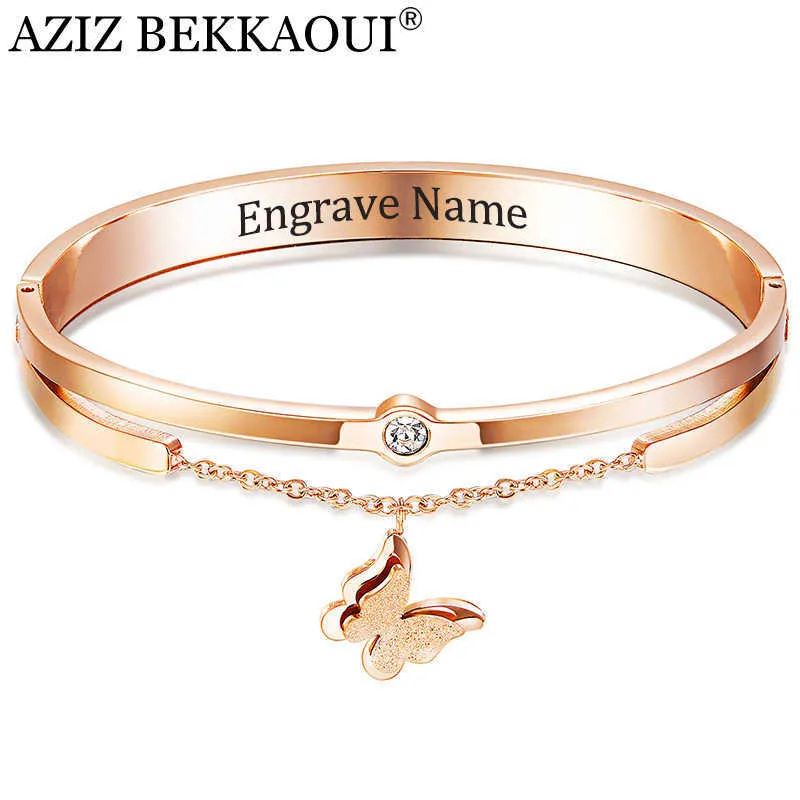 Aziz Bekkaoui Dubbelskikt Rose Guld Graver Namn Kvinna Bangles Crystal Butterfly Rostfritt Stål Armband Bangle Smycken Q0719