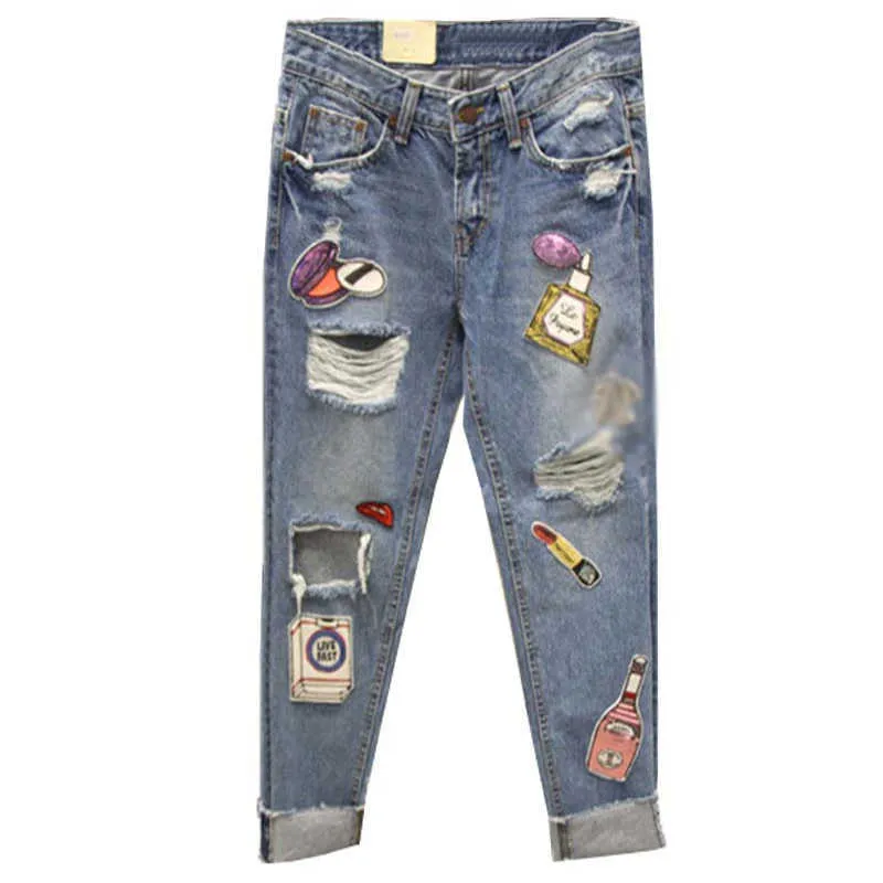 En stock Style coréen Automne Mode Femmes Sequin Hole Denim Pantalons Filles Étudiants Streetwear Pantalon Jeans A3542 210809